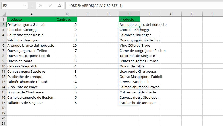 función ORDENARPOR excel
